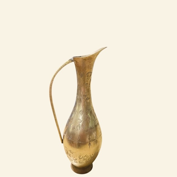 Vintage Solid Brass Pitcher Vase Etched with Handle  11" India - Picture 5 of 11